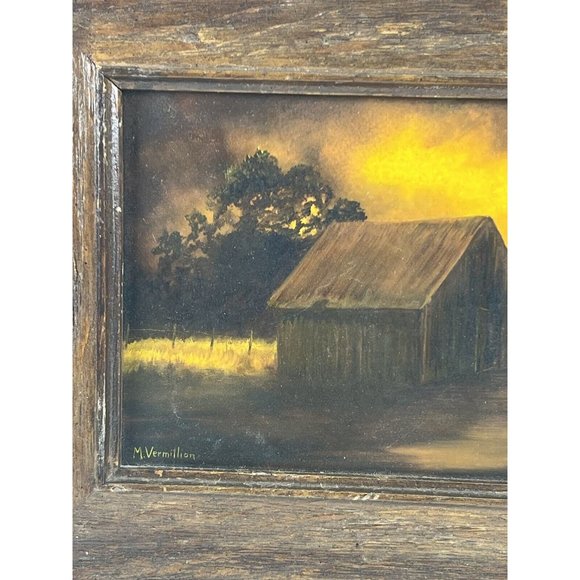 TEXAS ARTIST M. VERMILLION SIGNED OIL LANDSCAPE PAINTING-CABIN YELLOW SKY TREES - Picture 7 of 14